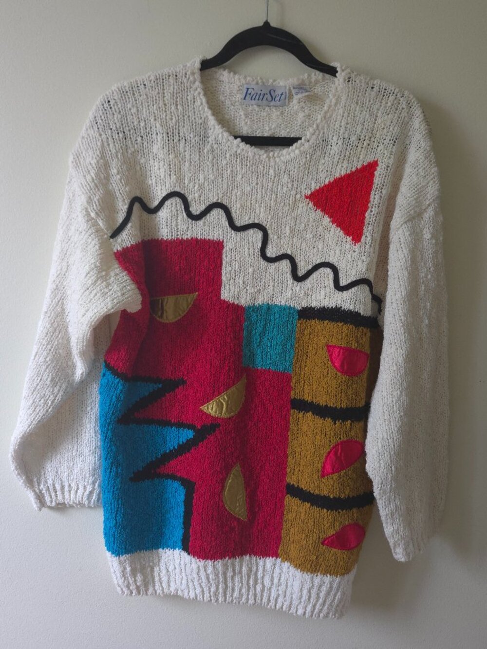 Vintage 80s 90s Fair Set Abstract Geometric Oversized Chunky Knit Sweater L Kore